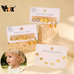 Conjunto De Brincos De Argola De Aço Inoxidável Vnox Kids 3 Pares De Design De Borboleta Flor Com Zircônia Presente fofo