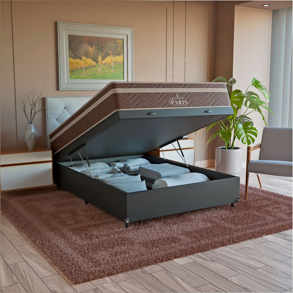 Cama Box Baú Viúva + Colchão Paris Molas Ensacadas Pocket - Couro Preto