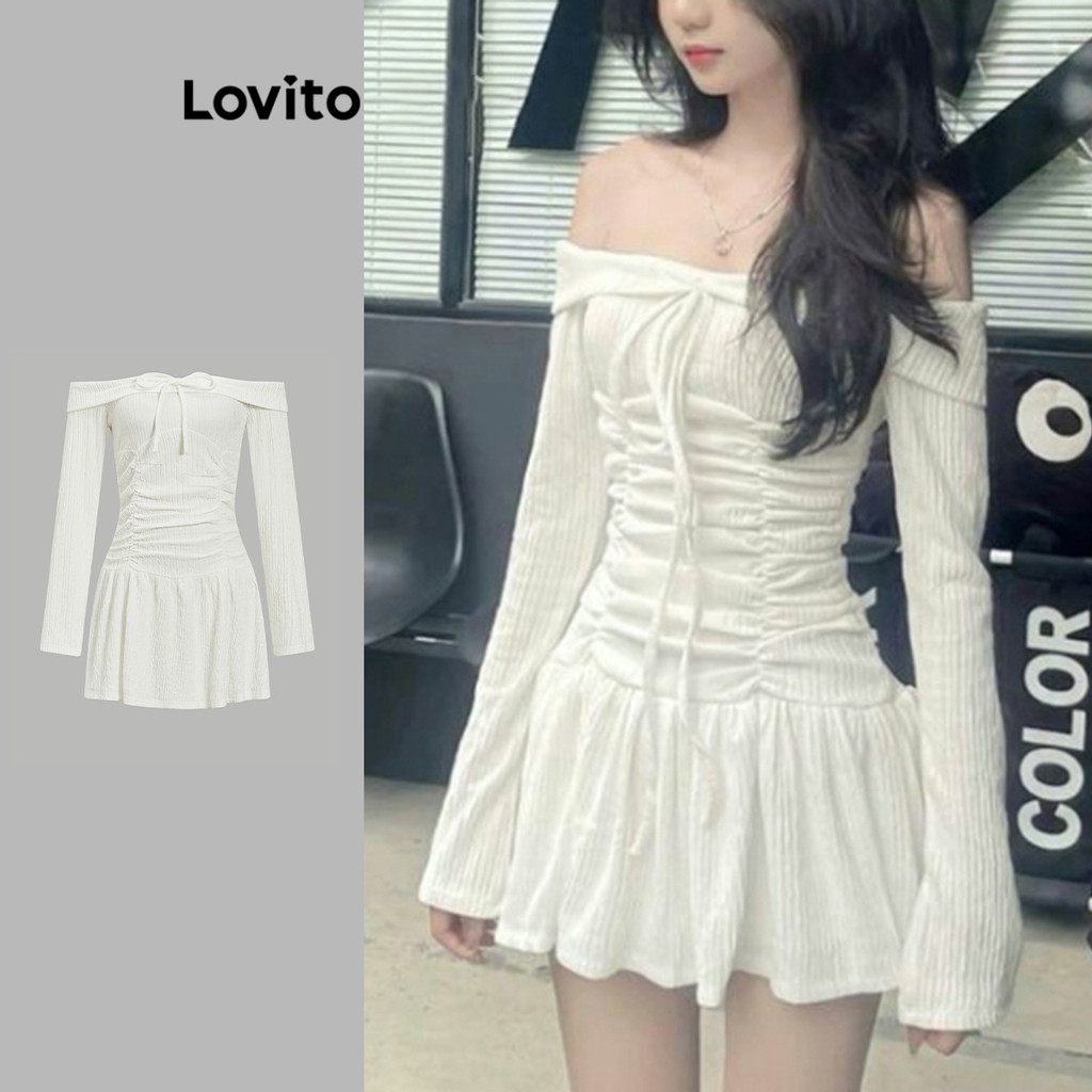 Lovito Vestido Casual De Ombro Frio Plissado Vestido De Verão/Primavera Para Mulheres L102AD329 em Oferta na Shopee