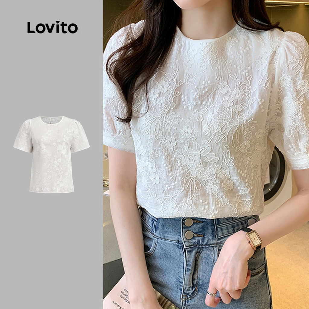 Lovito Blusa Boho com Bordado em Tule e Jacquard Primavera/verão Branca para mulheres L138ED252