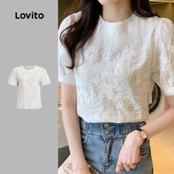 Lovito Floral Elegante Blusa com Bordado em Tule e Jacquard Primavera/verão Branca para Mulheres L138ED252