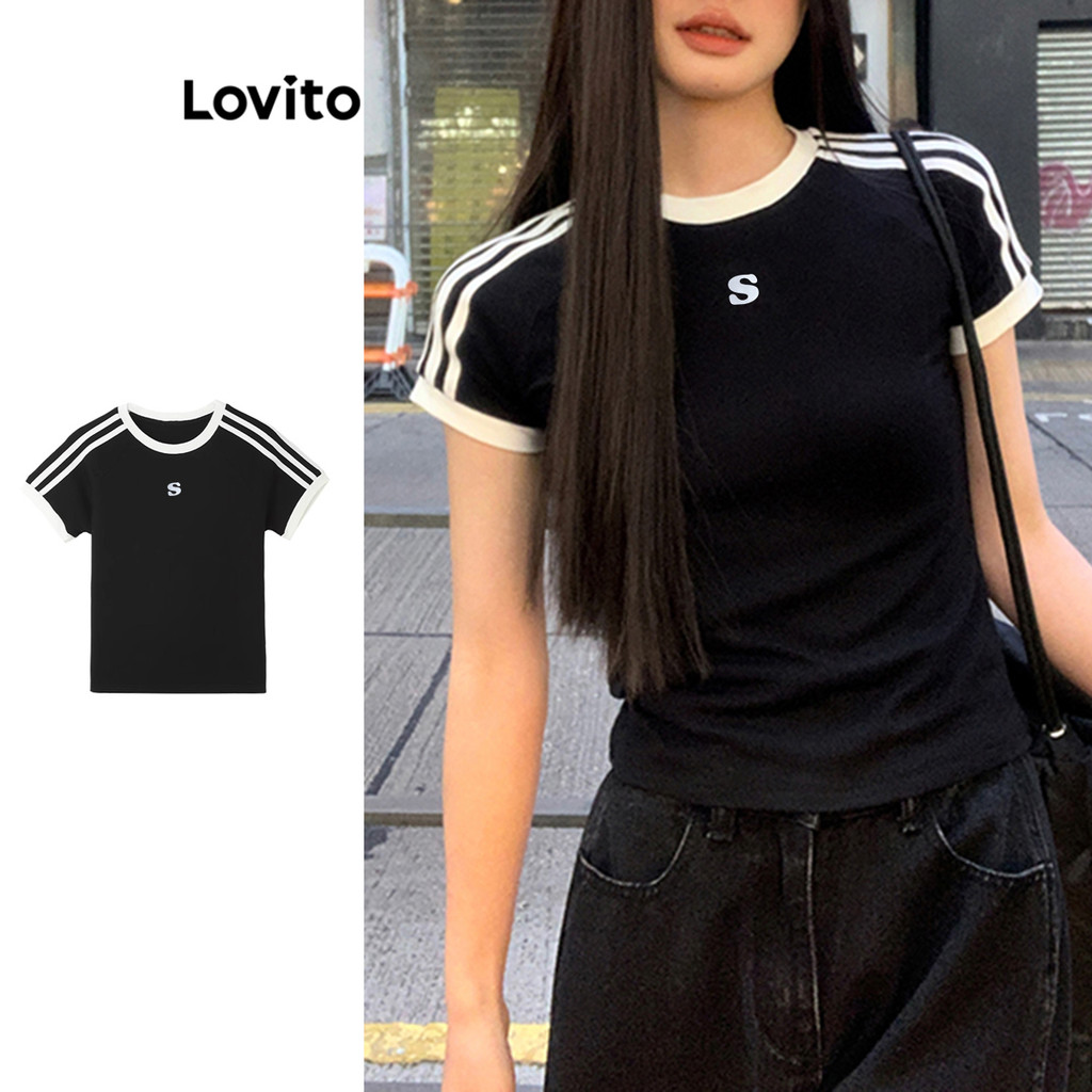 Lovito Camiseta Casual Com Estampa Colorblock Lisa Para Mulheres LNE79515 em Oferta na Shopee