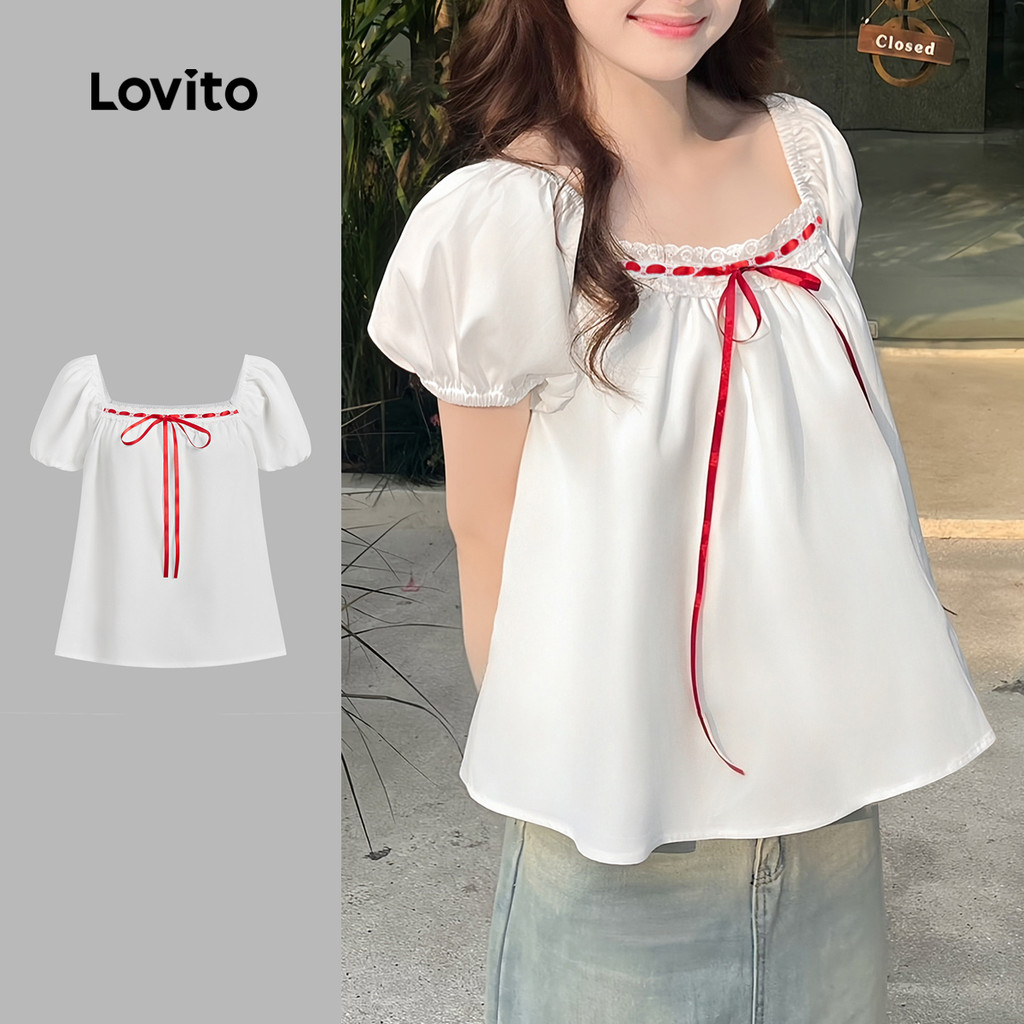 Lovito Blusa Branca Feminina De Primavera/verão Com Estampa De Bloco De Cores E Cadarço Liso L136AD083 em Oferta na Shopee