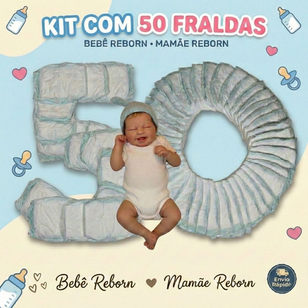 Kit 50 Fraldas Descartáveis Boneca Bebê Mamãe Reborn
