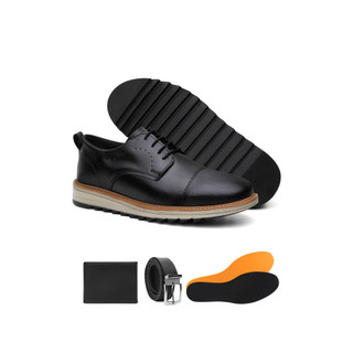 Kit Sapato Social Derby Oxford Masculino Sola Tratorado Direto Fabricante Com Cinto E Carteira + Palmilha Brinde
