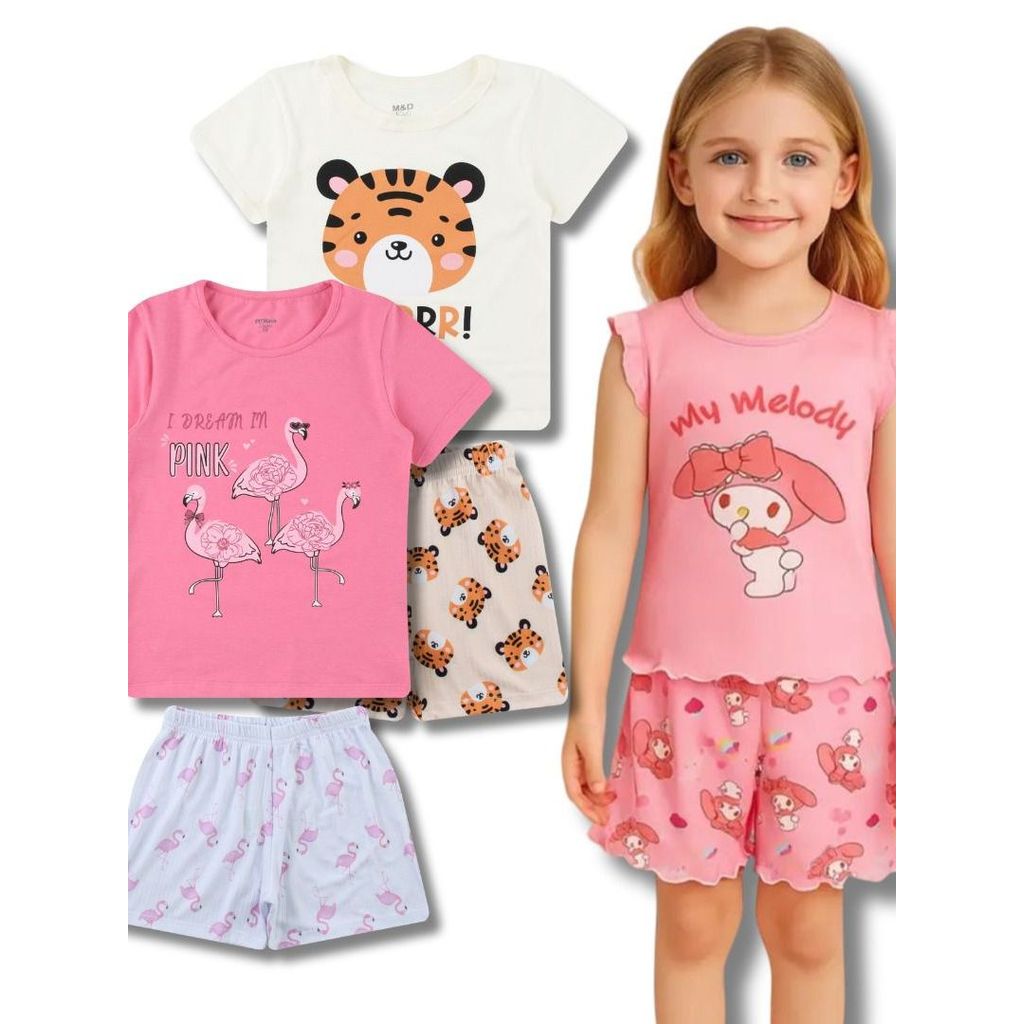 Kit 5 Conjuntos Sortidos Pijama Infantil Feminino Menina Juvenil Algodão Camiseta + Shorts Verão