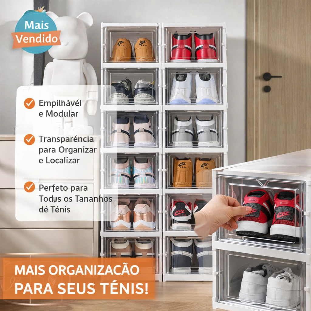 Sapateira Transparente 9 Andares com Porta Frontal – Organizador Dobrável Empilhável Anti Poeira