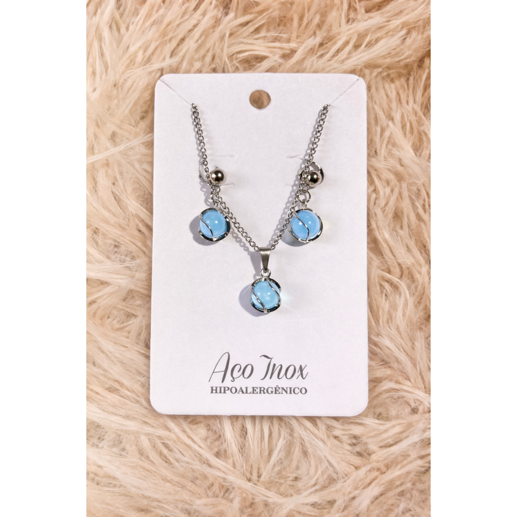 Conjunto Feminino Aço Inox | Colar + Brinco Pérola Colorida Espiral | Hipoalergênico | Não Escure