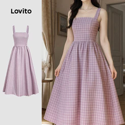 Lovito Xadrez Elegante Vestido Lilás Claro Com Zíper E Estrutura Na Cintura Primavera/verão Para Mulheres L177AD110