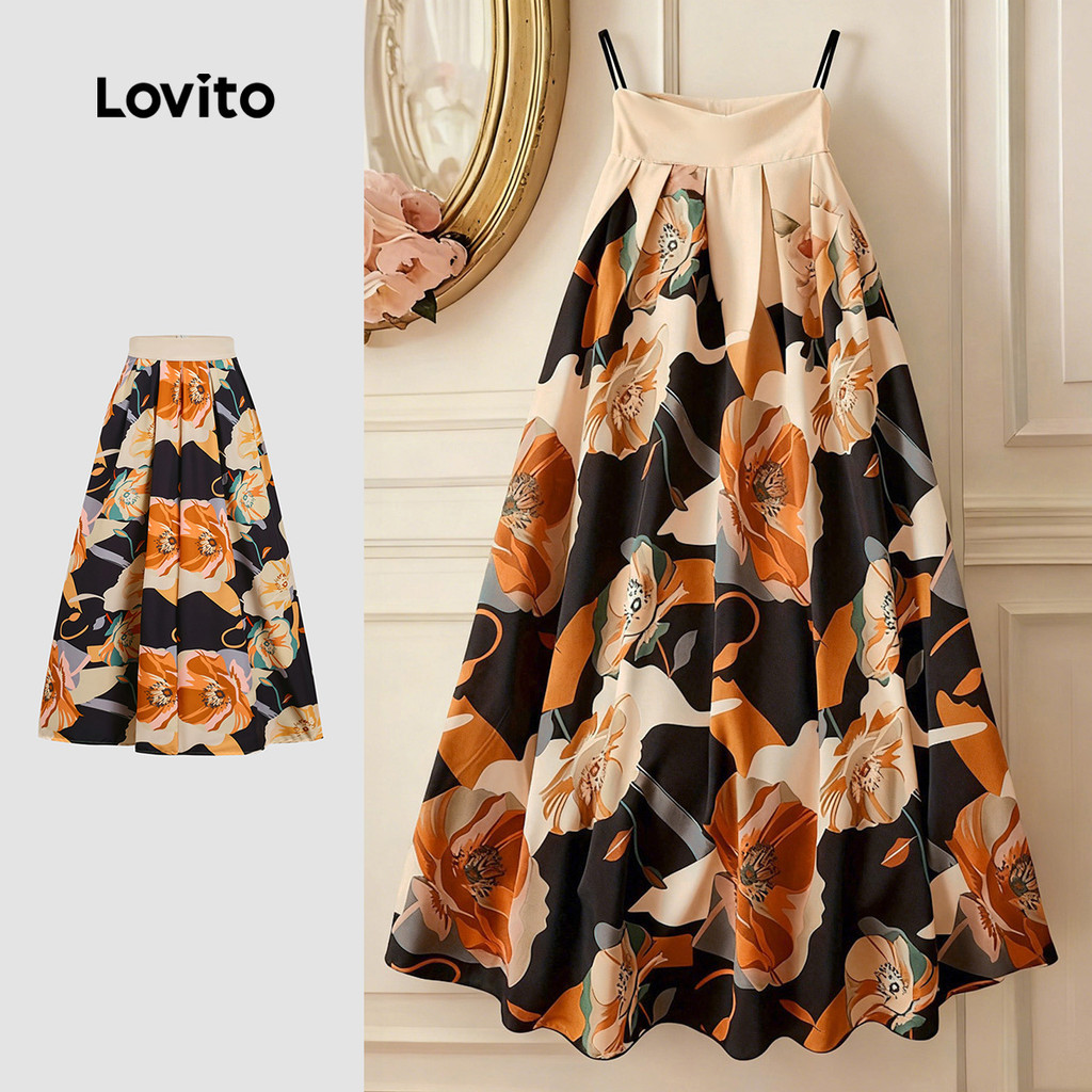 Lovito  Saias Elegantes Flores Estrutura Linha Pregueada Primavera/verão Saias para Mulheres L178ED2116 em Oferta na Shopee
