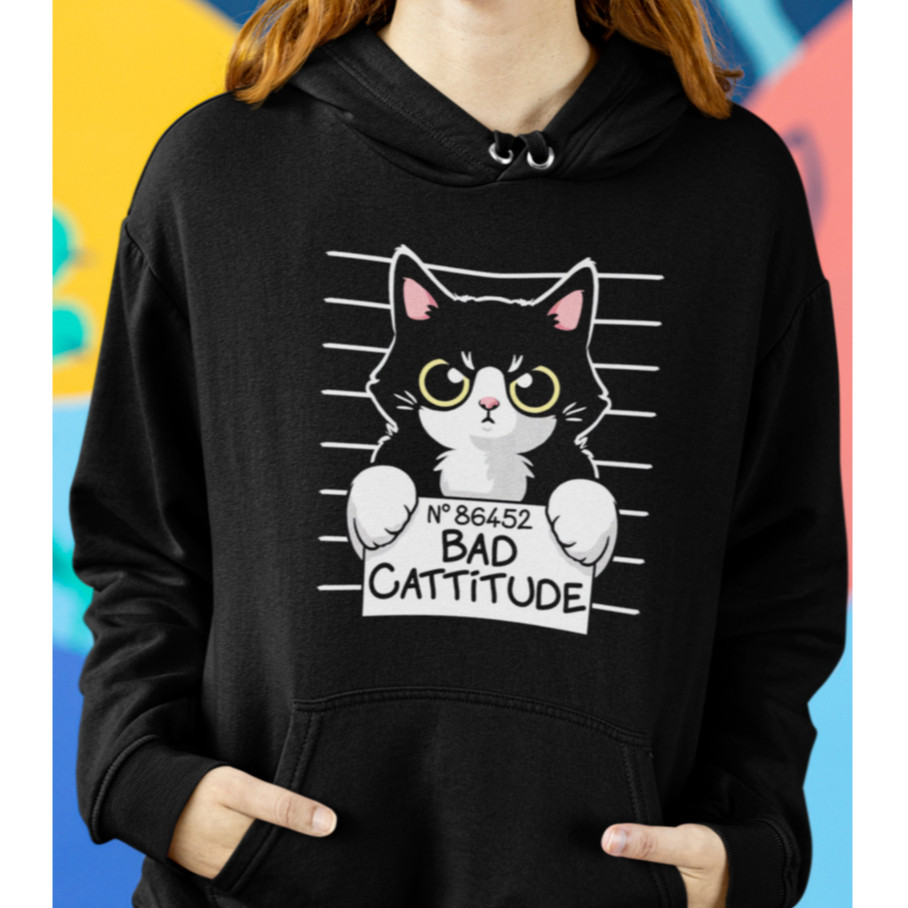 Blusa Moletom Canguru Com Capuz Unissex Estilo Americano Gato Cat Bad Catitude Tumbrl Novidade Inverno