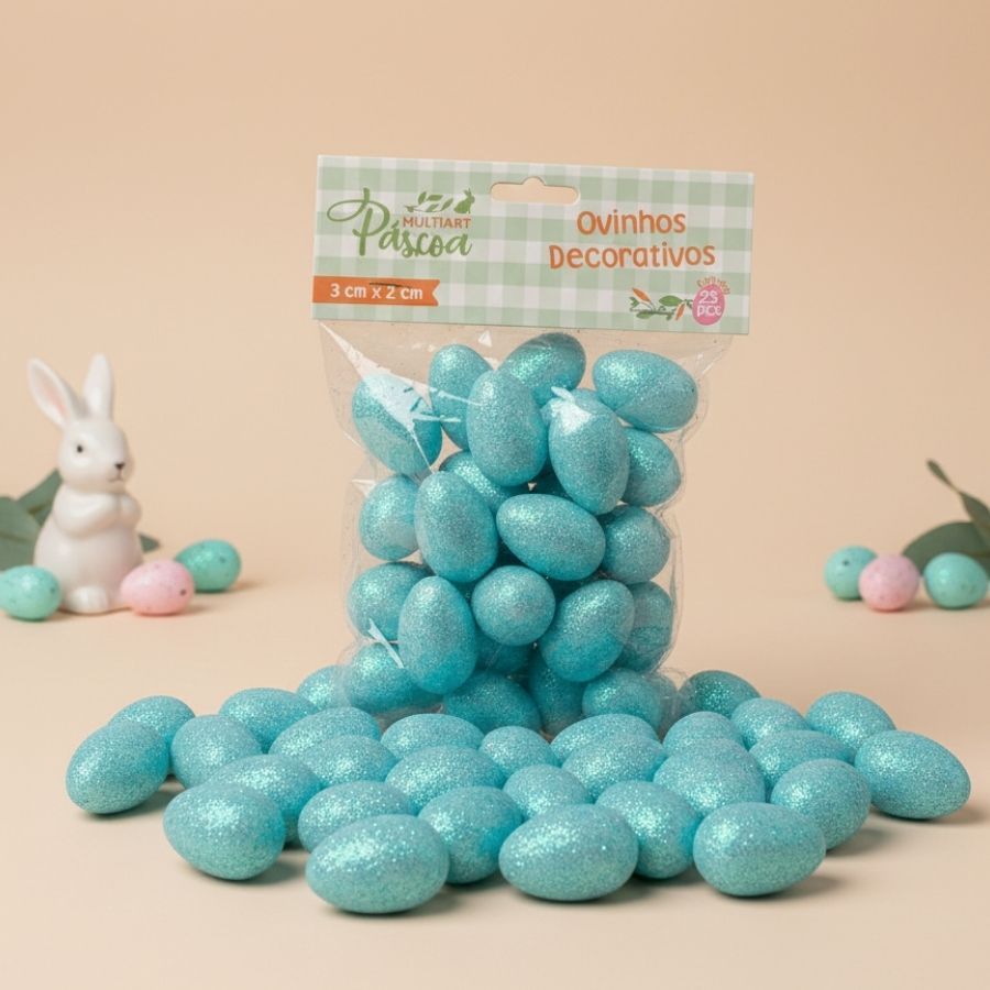 Ovinhos de Páscoa Decorativos Azul com Glitter - 3cm  - 25 unidades - Rizzo