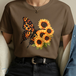 Camiseta Feminina Borboleta Laranja com Girassóis – Look Casual e Elegante de Verão
