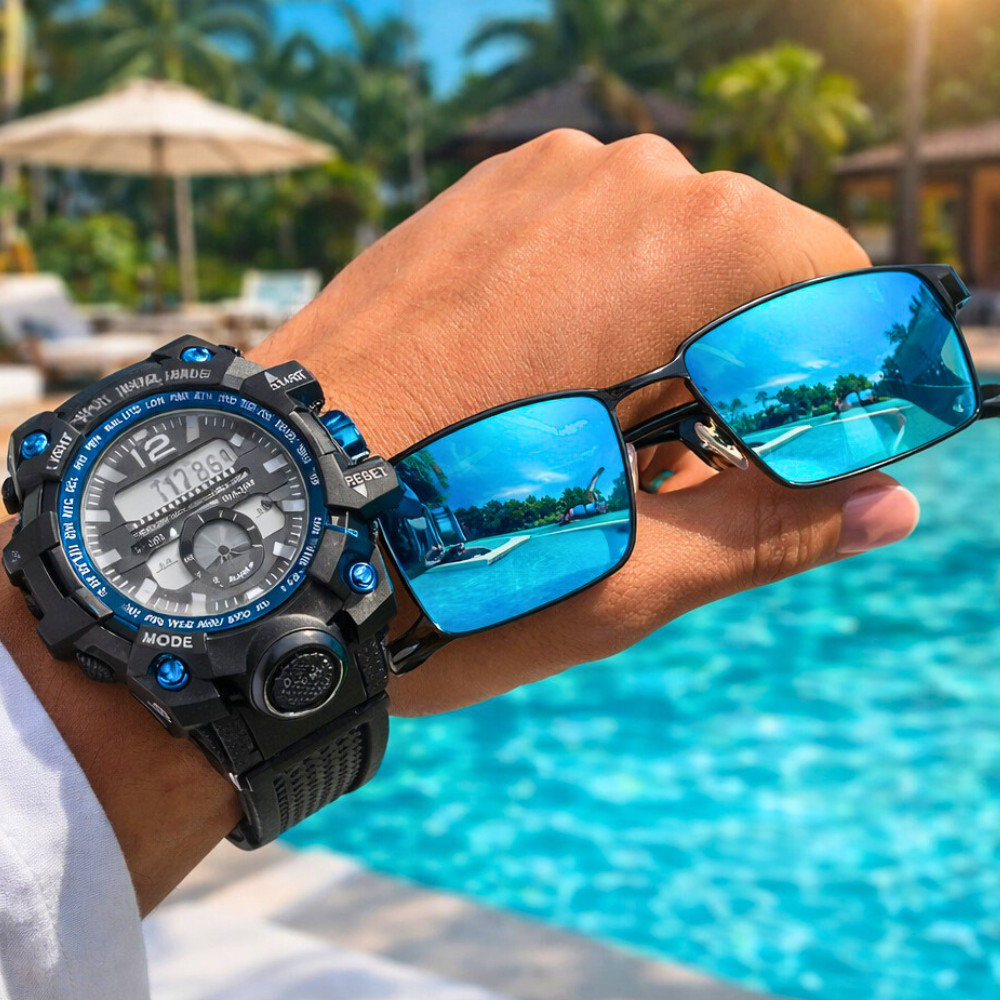 Kit Relógio Digital Esportivo Robusto Masculino + Óculos de Sol Lupa Espelhada com Proteção UV400 em Oferta na Shopee