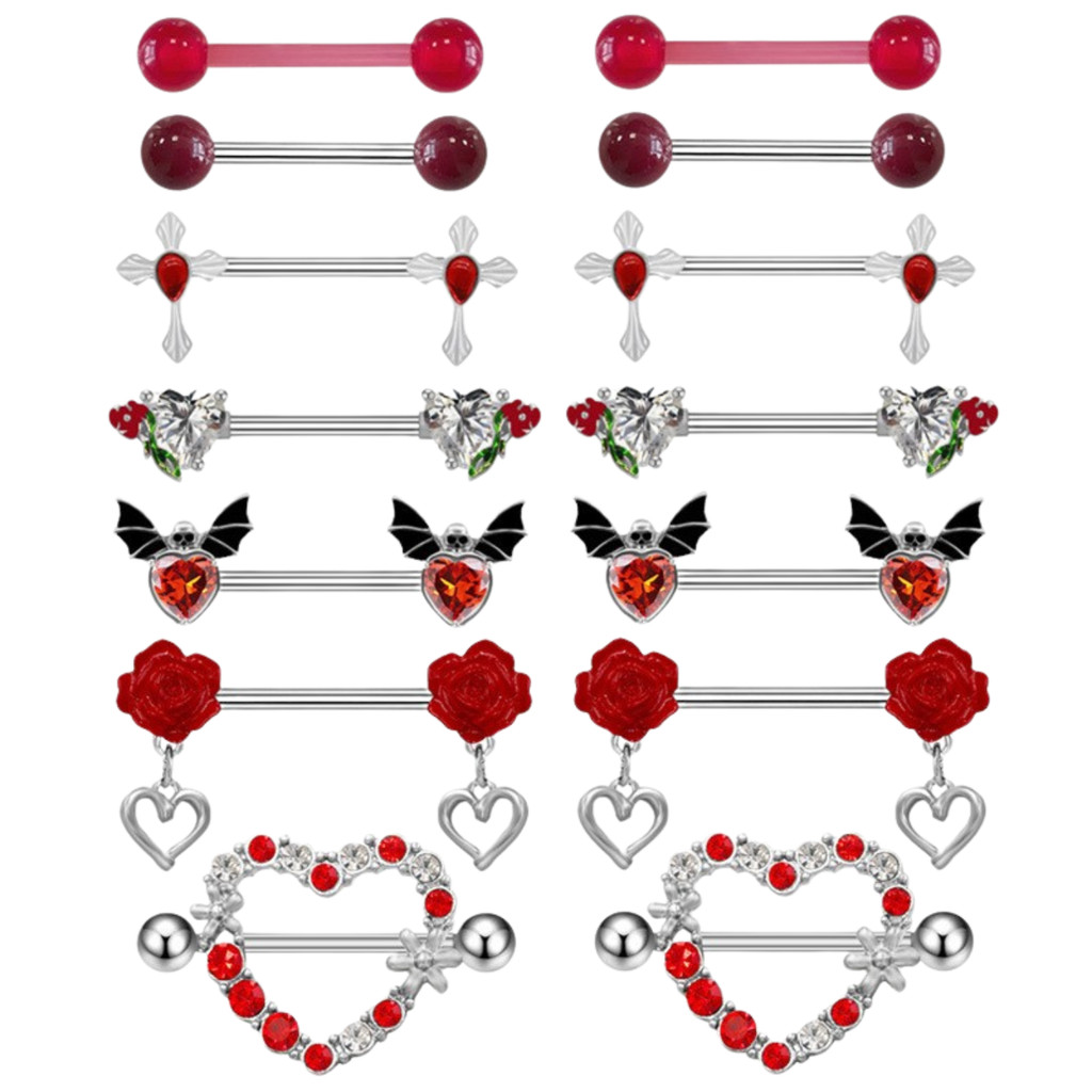 Kit 7 Pcs Par Piercing Mamilo Seio Par Cereja Coração Pingente Maça Diabinho Aço  Aço Inox Cruz Coração Morcego Vermelho