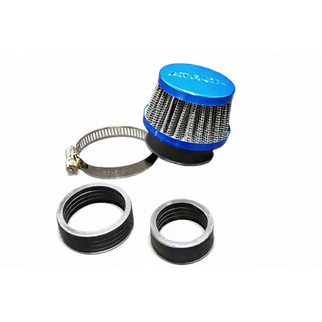 FILTRO DE AR ESPORTIVO AZUL PARA MOTOS COM ADAPTADOR DE BORRACHA NAS MEDIDAS 28 MM 35 MM 45 MM