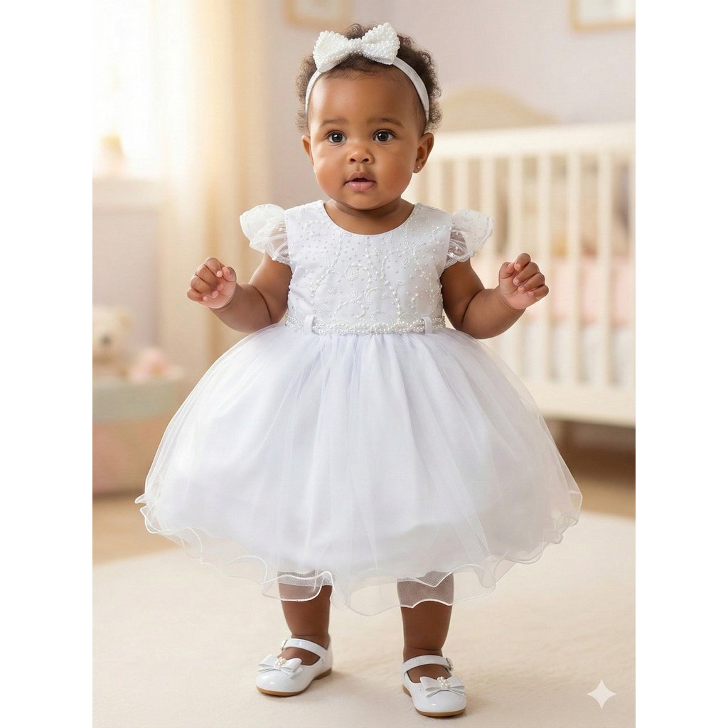 Vestido Branco Batizado Bebê Menina Batismo Tule Bordado Manga Curta Babadinhos Delicado P M G