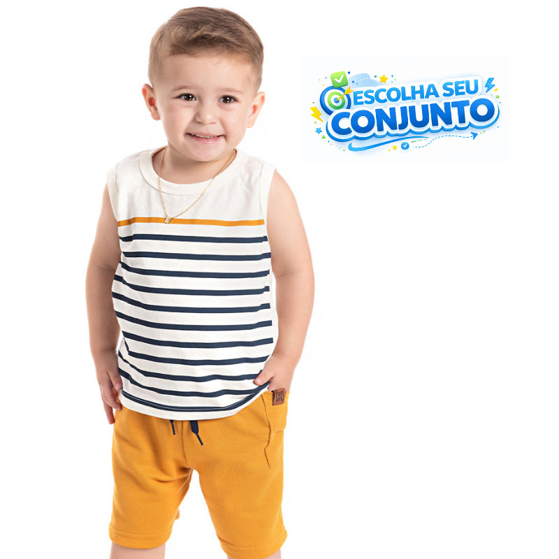 Conjunto Infantil Verão Masculino Regata 100% Algodão Listras Bermuda Moletinho Com Bolso Off White 1 ao 10 anos em Oferta na Shopee