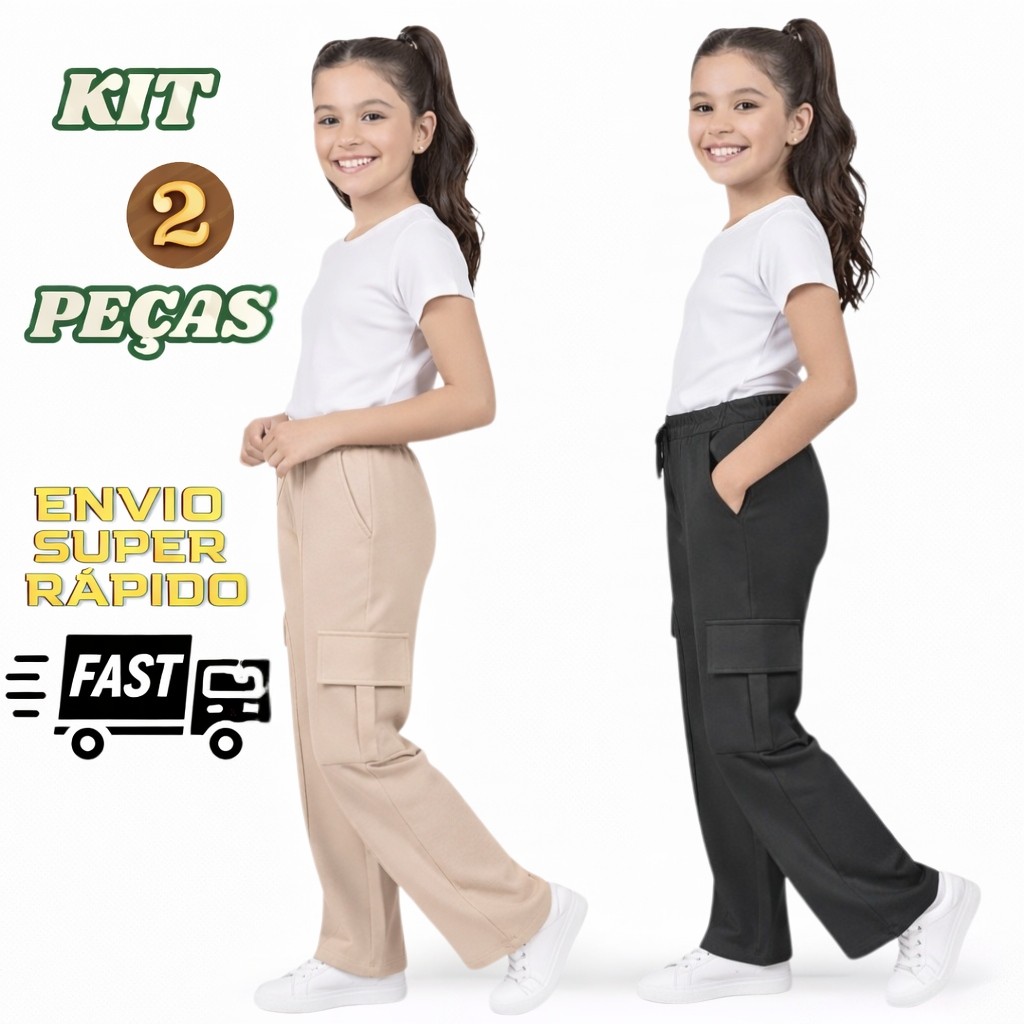 Kit 2 Calças Cargo Juvenil Moletinho Flanelado Premium Bolsos Laterais