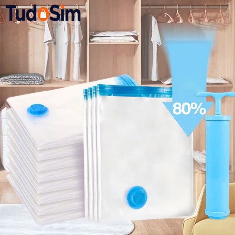 Kit 5/10 Saco a Vacuo com Bomba Manual Vários Tamanhos Organização de Roupas Mala Viagem Guarda Roupas