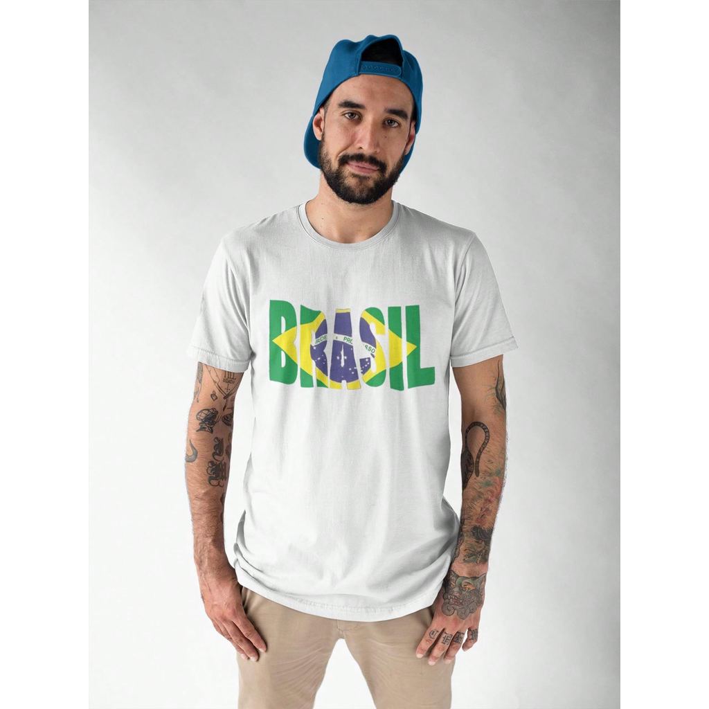 Camiseta Masculina 100% Algodão Estampa Brasil País do Futebol