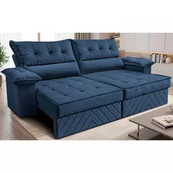 Sofá Retrátil e Reclinável 3,00m com Molas e Espuma D33 Thunder Velusoft Azul Cama inBox