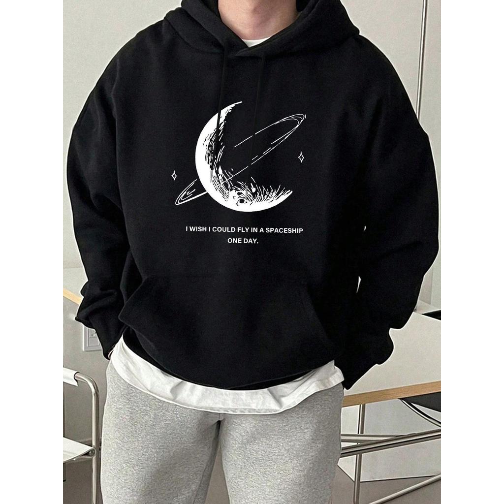 Blusa Casaco Moletom Frio Canguru Bolso Capuz Streetwear Casual Masculino Unissex Estampa Meia Lua Anel Saturno Planetas