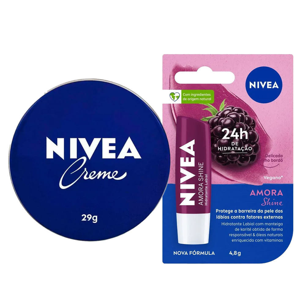 Kit Nivea Care Creme Hidratante Latinha Azul 29g + Hidratante Labial Amora Shine 4,8g em Oferta na Shopee