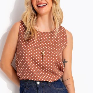 Blusa Regata Marrom Com Estampa De Poá E Fendas Laterais Quintess