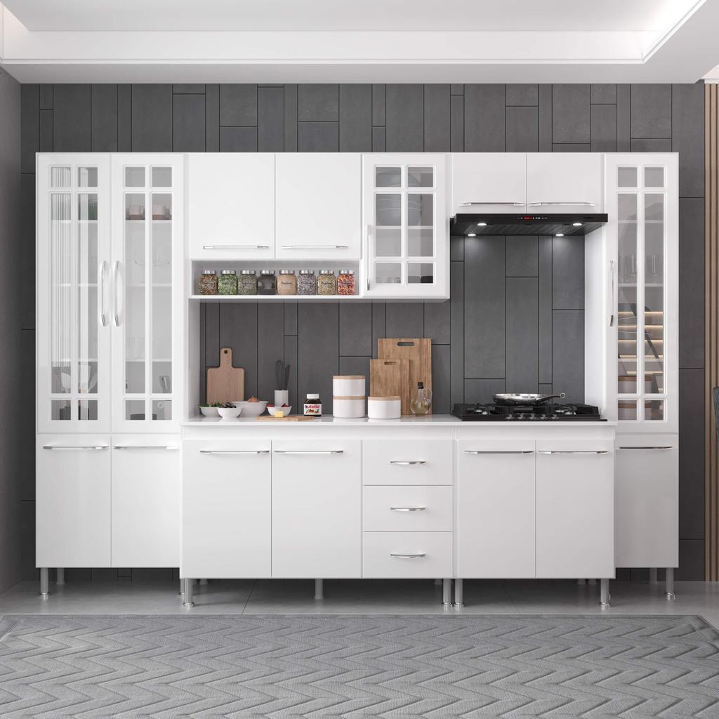 Cozinha Modulada Completa Fidelitá Viena 6 Peças 295cm 15 Portas 3 Gavetas Com Tampo Branco em Oferta na Shopee