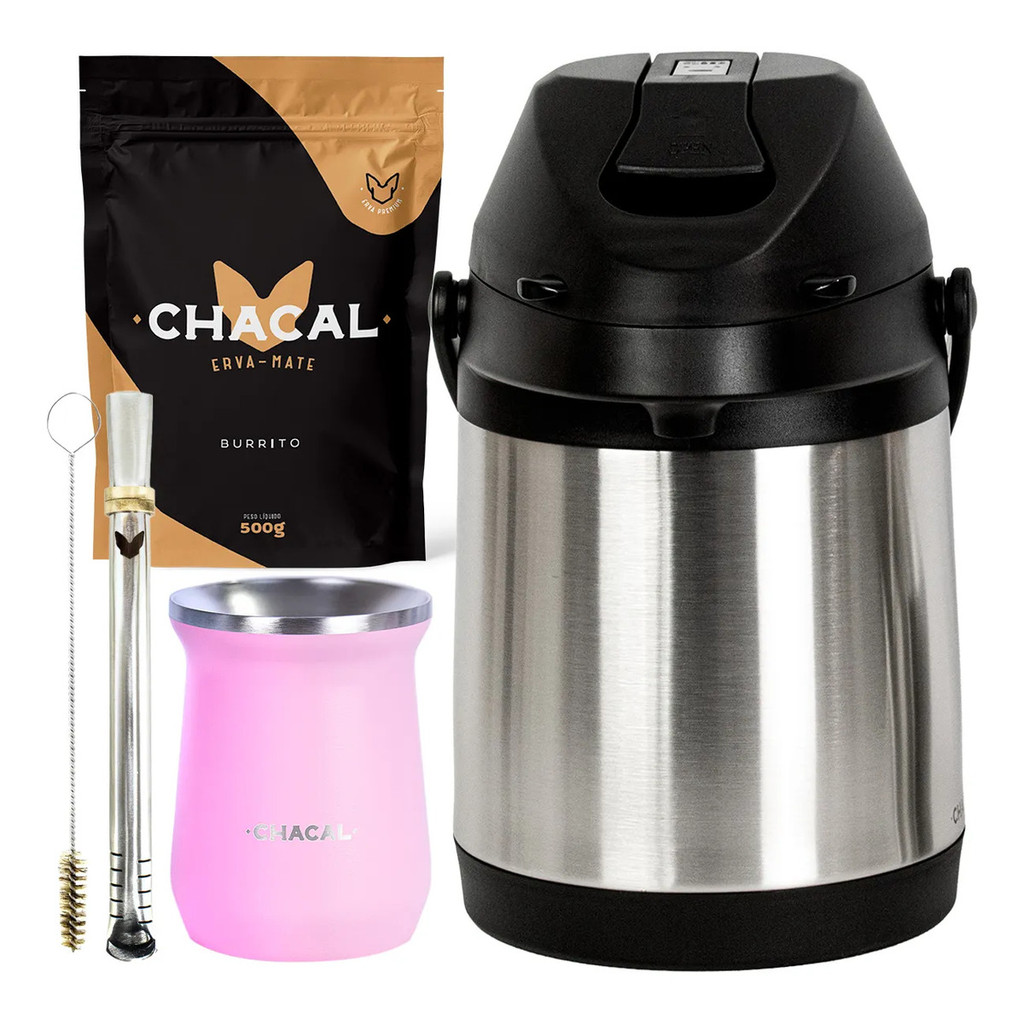 Kit Tereré Chacal Copo Rosa Bomba Garrafa Térmica Inox 2.5l E Erva