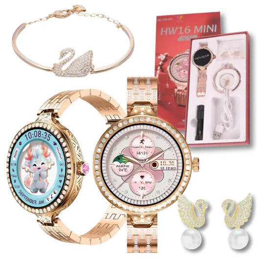 Kit Smartwatch HW16 Mini Fashion 40mm + Bracelete e Brincos Edição Limitada - Faz Chamadas Foto na Tela Luxo Feminino No