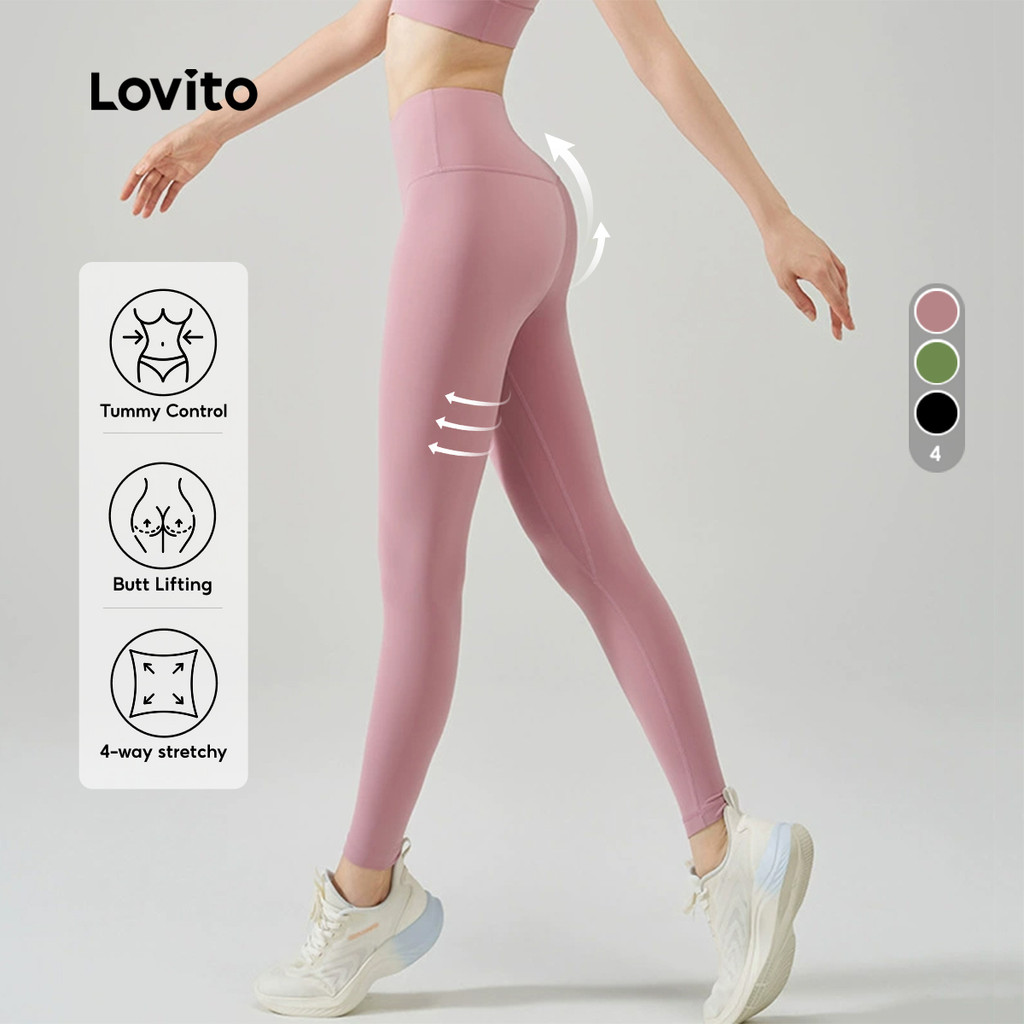 Lovito Leggings Esportivas Controle de Barriga Levantamento de Bumbum Elástico em Quatro Direções rosa LNA133049 em Oferta na Shopee