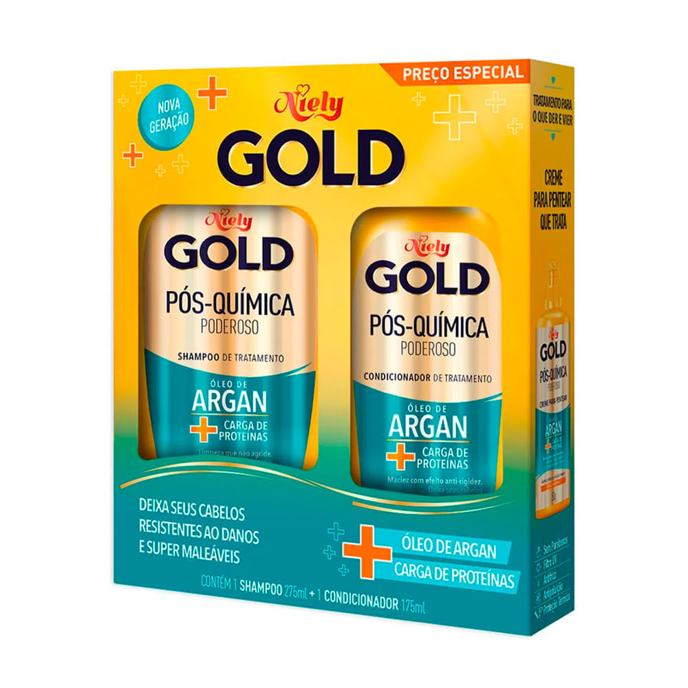 Kit Shampoo Niely Gold Pós Química Poderoso Óleo de Argan 275ml + Condicionador 175ml em Oferta na Shopee