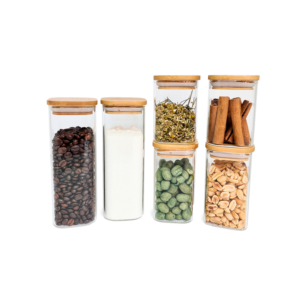 Potes de Mantimentos Quad 200/250/400ml C/Tampa Bambu - 6 Pç Oikos em Oferta na Shopee