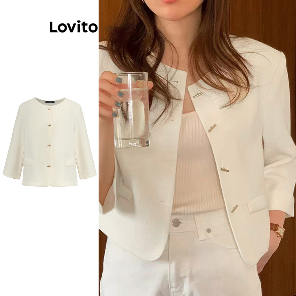 Lovito Blazer casual simples com botões para mulheres 102AD502 em Oferta na Shopee