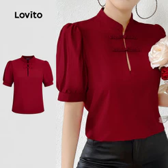 Lovito Elegante Blusa Cheongsam Qipao Novo Estilo Chinês Primavera/verão Diário Férias Vermelha Para Mulheres L157ED1023