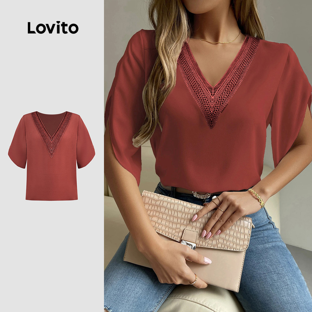 Lovito Blusa Casual com Fita Contrastante Primavera/verão Blusa Laranja para Mulheres LBL31111 em Oferta na Shopee