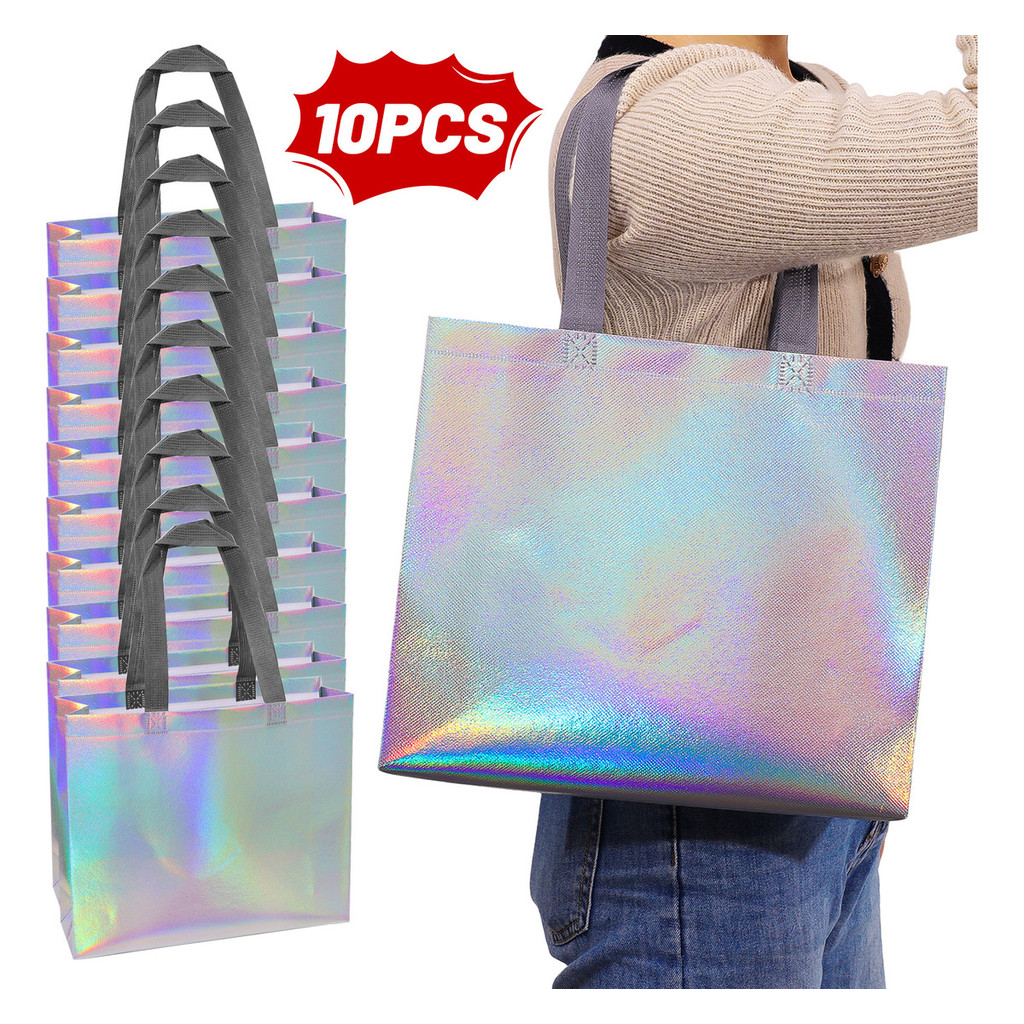 Kit 10 Sacolas Reutilizáveis Holográficas Para Compras Festa Presente