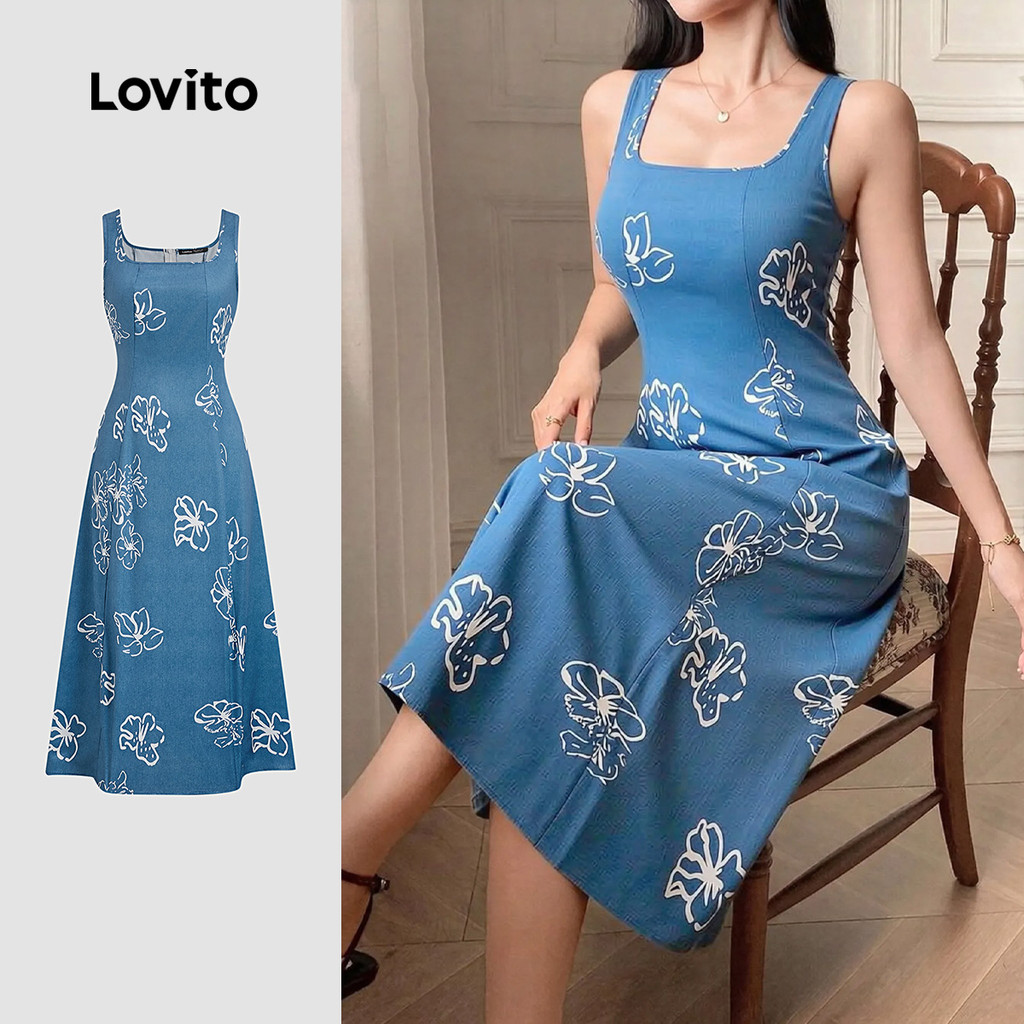 Lovito Vestido Floral de Jeans Elegante Feminino Primavera/Verão Azul LK2LD288