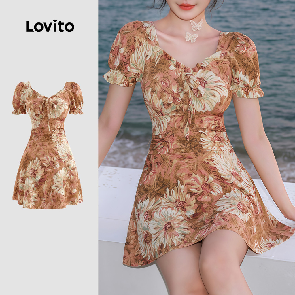 Lovito Maiô Boho de Uma Peça com Amarração para Primavera/verão para Mulheres LNE130061 em Oferta na Shopee