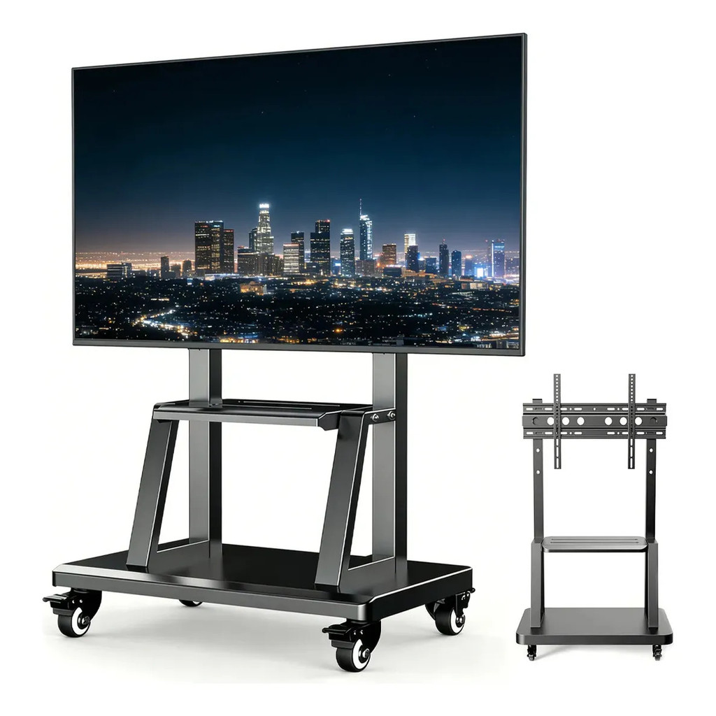 Suporte Móvel Para Tv Pedestal 32 A 65 2 Bandejas Preto Novo