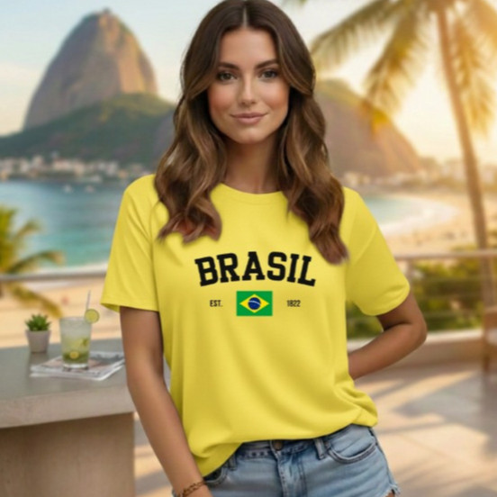 Camiseta Básica Feminina Copa do Mundo Brasil 2026 Gola Redonda 100% Algodão