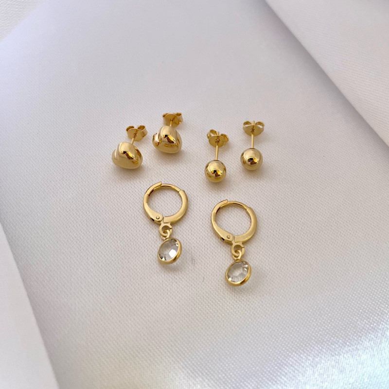 Trio de Brincos Folheados a Ouro 18K Hipoalergênico Argolinha Coração Bolinha