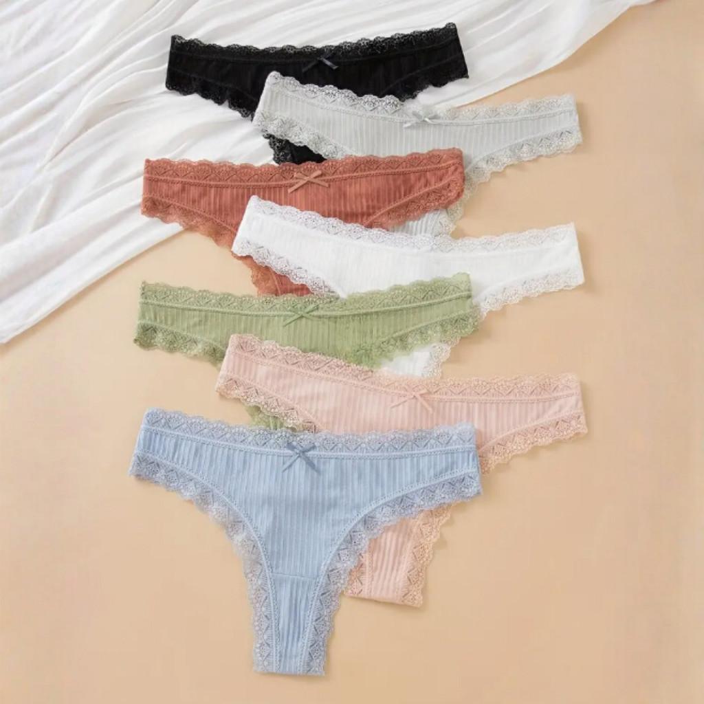 Kit 5 Calcinha de Algodão Fio Dental Feminina Canelada com Renda e Laço