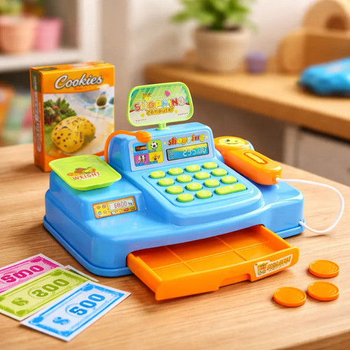 Caixa Registradora Infantil Com Acessórios Scanner Com Som Azul Menino Máquina Registradora