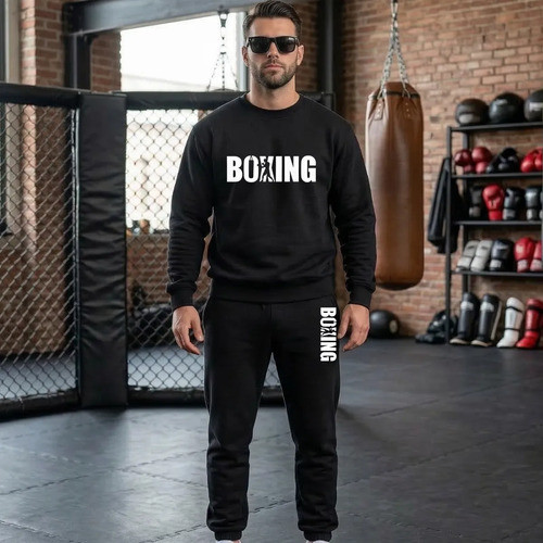 Moletom Careca + Calça Masculino Boxing Academia Treino Estilo Street Fitness Blusa de Frio