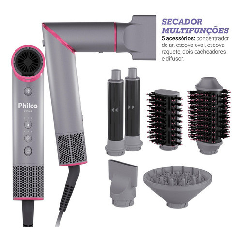 Secador de Cabelo Philco PSD16A 1450W Profissional com 6 Acessórios Potente Leve Bivolt Modelador em Oferta na Shopee
