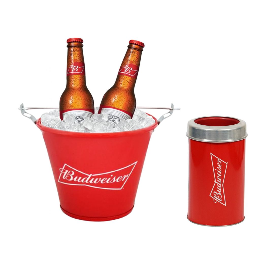Kit Balde De Gelo Budweiser + Cervegela Porta Garrafa Em Alumínio