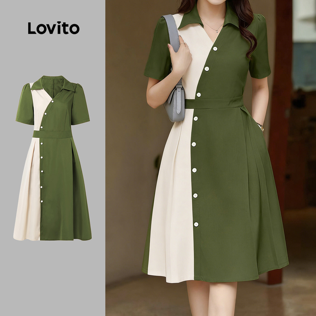 Lovito Vestido Casual com Botão e Blocos de Cores para Primavera/verão feminino LK5LD225 em Oferta na Shopee